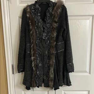 Elegant Black and Gray Coat with Faux Fur Trim